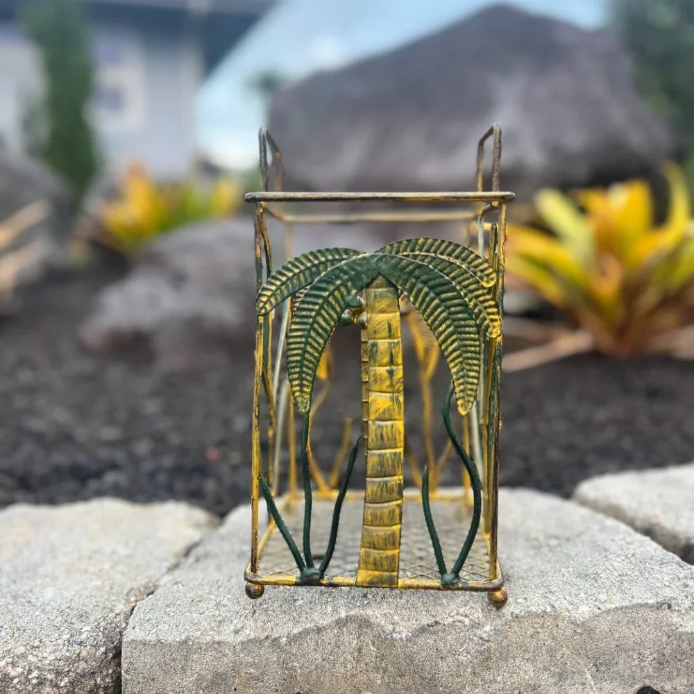 Vintage Palm Tree Metal Wall Art & Holder Set NWOT Tropical Coastal Decor